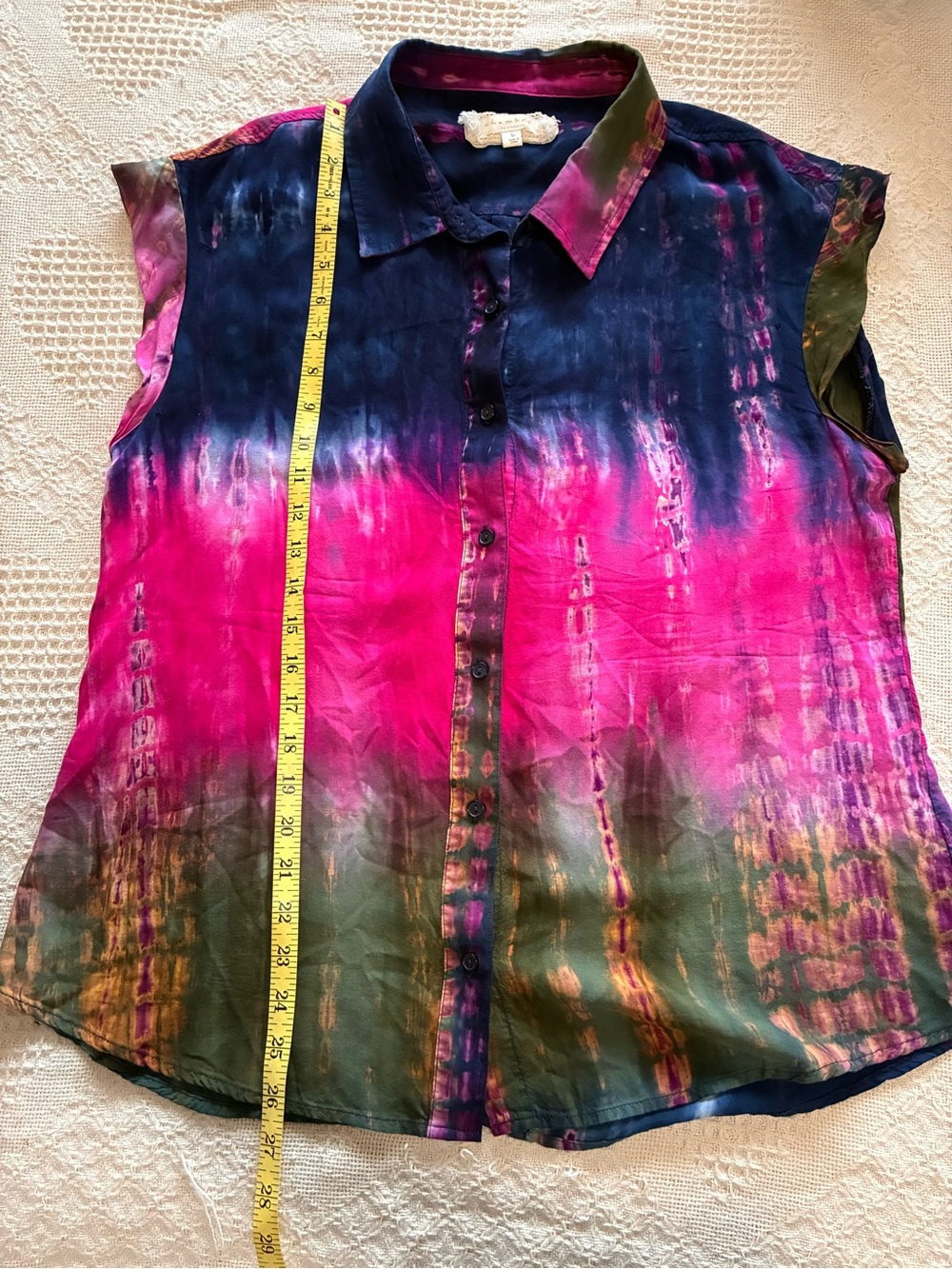 CHAMBRAI LOS ANGELES Blouse Women's Sz L Colorful Tie Dye Cap Sleeve Button Down - Picture 3 of 11
